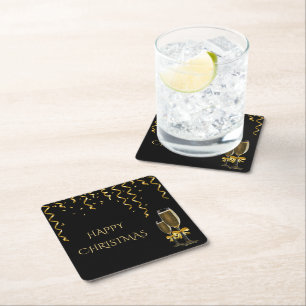Gold Streamers & Champagne Christmas Square Paper Coaster