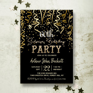 Gold Streamers & Confetti Surprise Birthday Party Invitation
