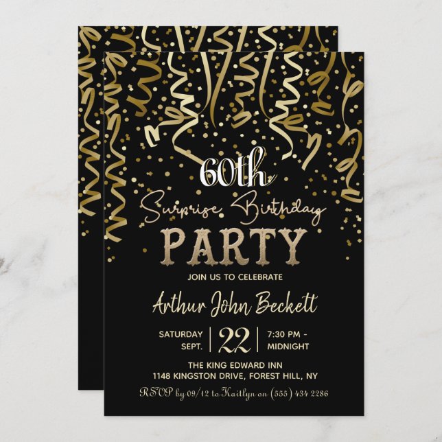 Gold Streamers & Confetti Surprise Birthday Party Invitation (Front/Back)