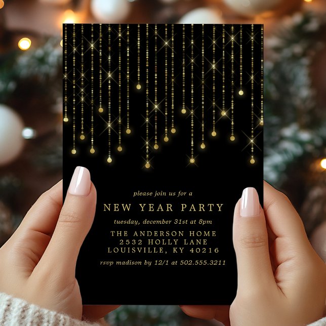 Gold String Lights Chic Black New Years Eve Party Invitation (Creator Uploaded)