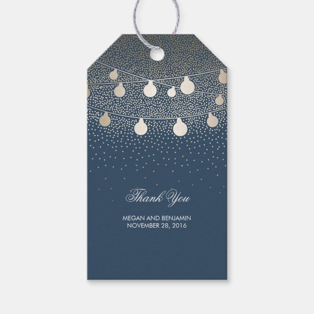 Gold String Lights Glitter Romantic Navy Wedding Gift Tags (Front)