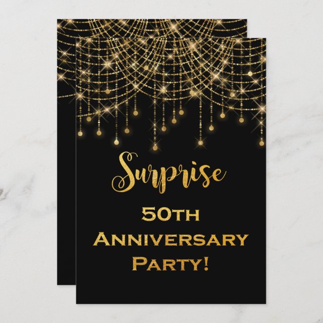 Gold String Lights Gold Text 50th Anniversary Invitation (Front/Back)