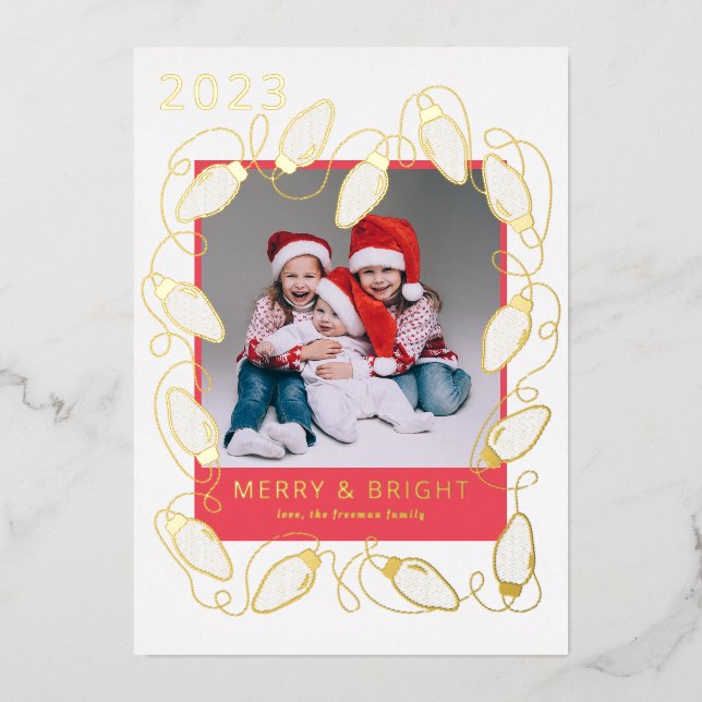 Gold String Lights Merry Christmas Photo Card (Front)