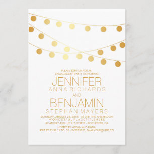 Gold String Lights Modern White Engagement Party Invitation