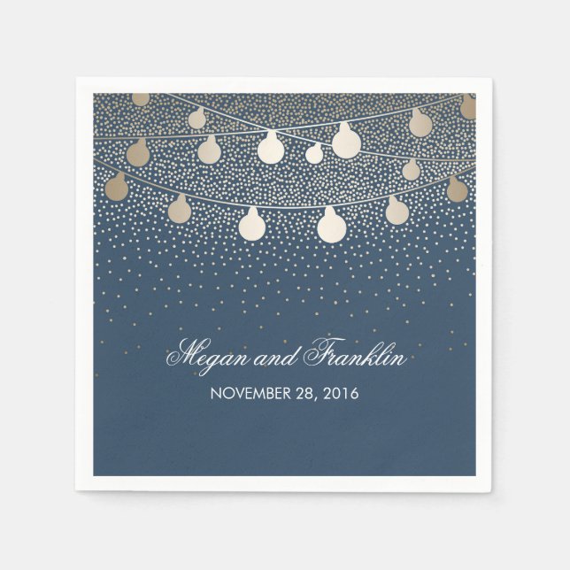 Gold String Lights Navy Wedding Napkin (Front)