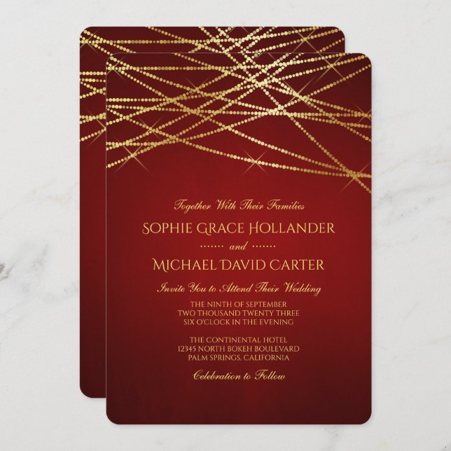 Gold String Lights on Ruby Red Invitation (Front/Back)