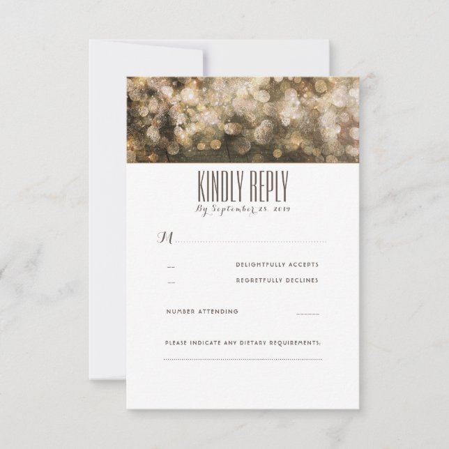 Gold String Lights Rustic Wedding RSVP Cards (Front)