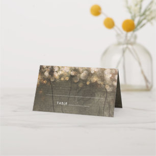 Gold String Lights Rustic Wood Barn Wedding Place Card