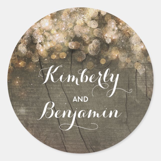 Gold String Of Lights Rustic Barn Wedding Classic Round Sticker (Front)