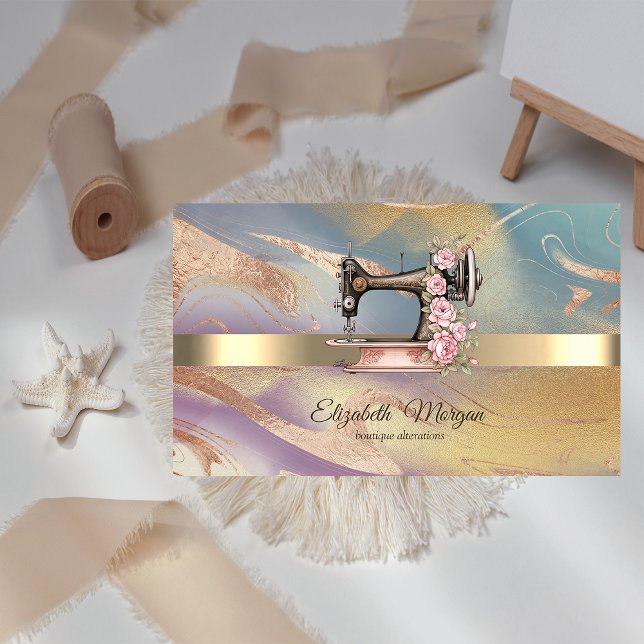 Gold Stripe,Floral Sewing Machine Colourful Business Card (Creator Uploaded)