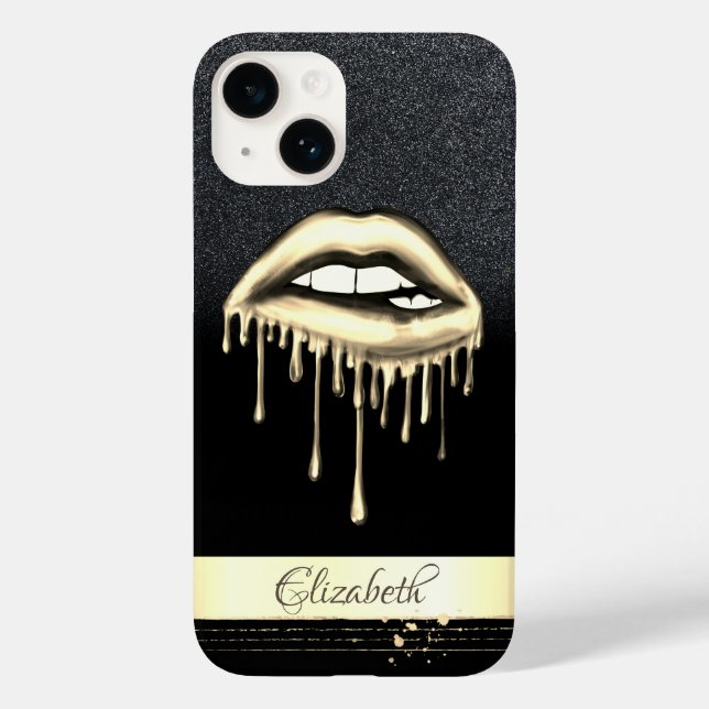 Gold Stripe, Metallic Dripping Lips Black Glitter Case-Mate iPhone Case (Back)