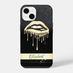 Gold Stripe, Metallic Dripping Lips Black Glitter iPhone 14 Case