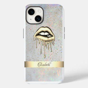 Gold Stripe, Metallic Dripping Lips Holographic Ca iPhone 14 Case