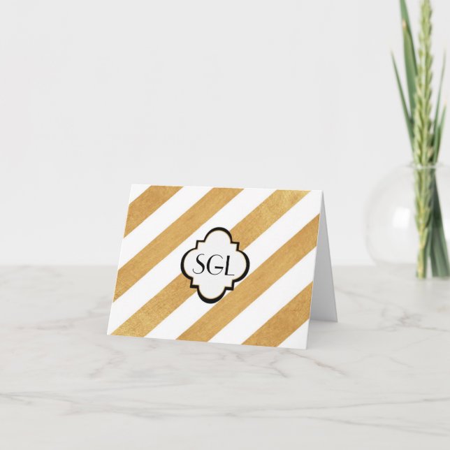 Gold Stripe Monogram Folded Note Card (Front)