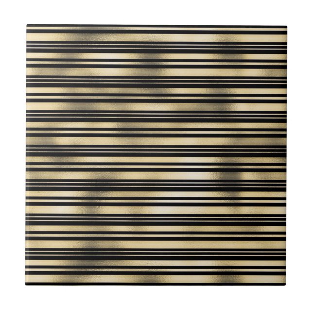 Gold stripe pattern shimmer foil sheen black ceramic tile (Front)