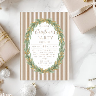 Gold Stripe Pine Wreath Christmas Invitation