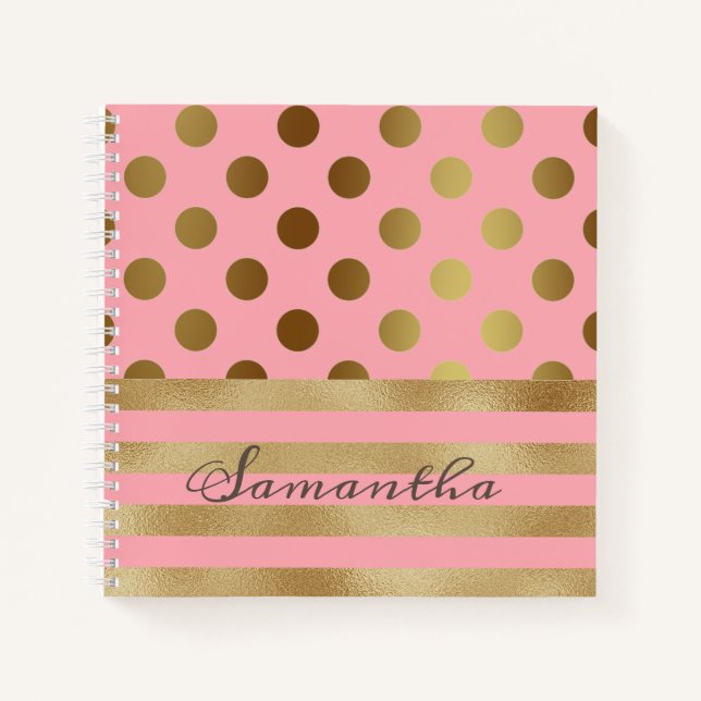 Gold Stripe Polka Dot Name Girly Notebook (Front)