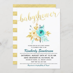 Gold Stripe Teal Floral Baby Shower Invitation