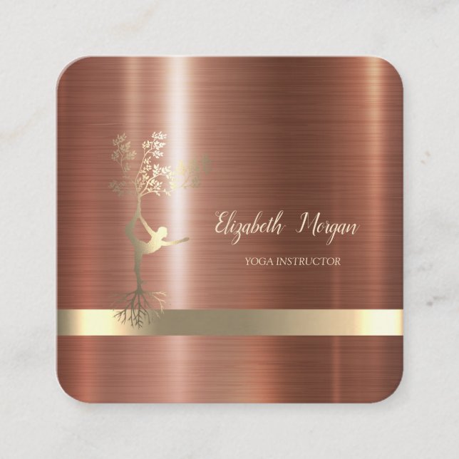 Gold Stripe,Tree Women Silhouette Brown Metallic Square Business Card (Front)