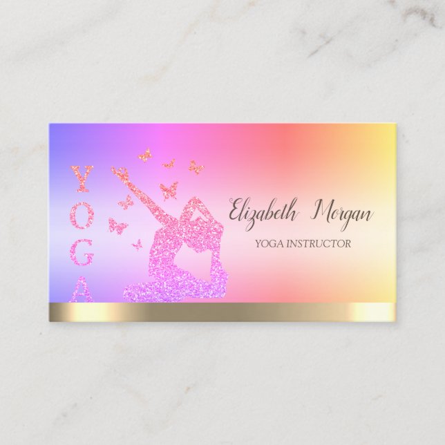 Gold Stripe Yoga Instructor Pink Glitter Women Business Card (Front)
