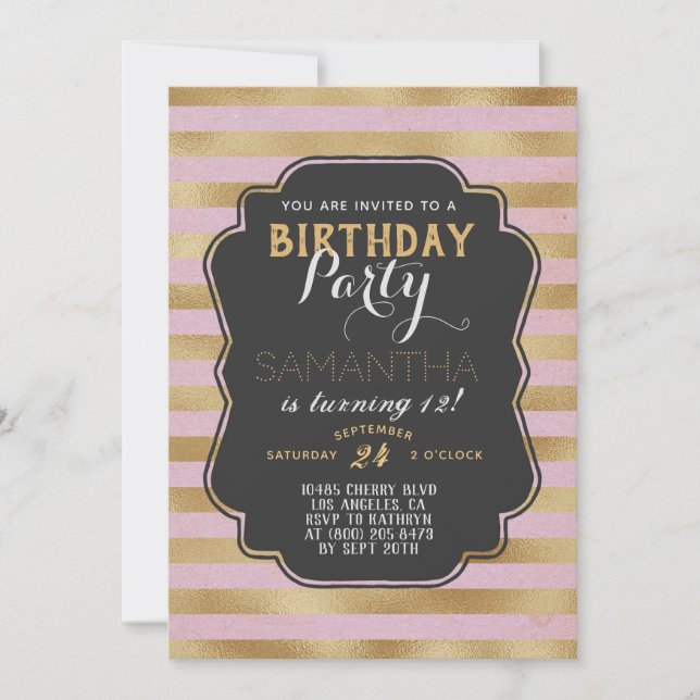 Gold Striped Birthday Invitation (Front)