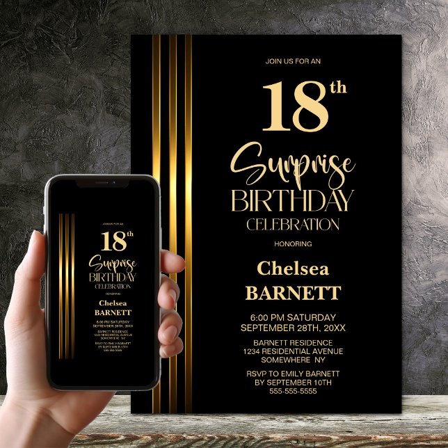 Gold Striped Black 18th Surprise Birthday Party Invitation (Creator Uploaded)