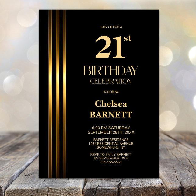 Gold Striped Black 21st Birthday Party Invitation (Creator Uploaded)