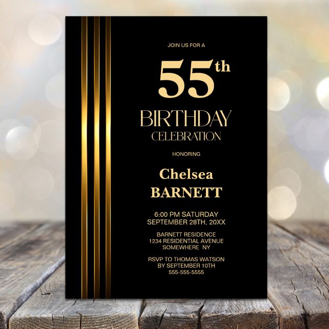 Gold Striped Black 55th Birthday Party Invitation (Creator Uploaded)