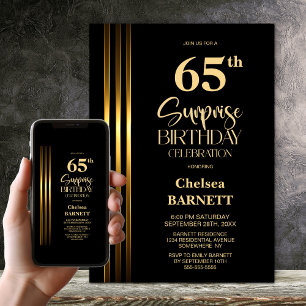 Gold Striped Black 65th Surprise Birthday Party Invitation
