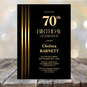 Gold Striped Black 70th Birthday Party Invitation