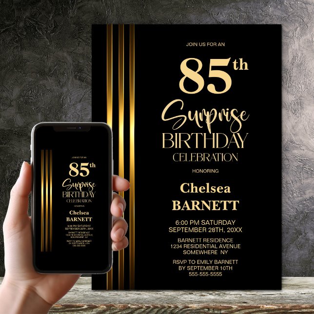 Gold Striped Black 85th Surprise Birthday Party Invitation (Creator Uploaded)