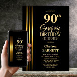 Gold Striped Black 90th Surprise Birthday Party Invitation<br><div class="desc">Make the surprise unforgettable with this stylish gold striped black surprise 90th birthday party invitation. The customizable text templates allow you to add the name of the honored guest, the secret party details, and the venue with ease. Your guest of honor will be in for a night of laughter and...</div>