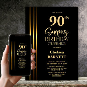 Gold Striped Black 90th Surprise Birthday Party Invitation