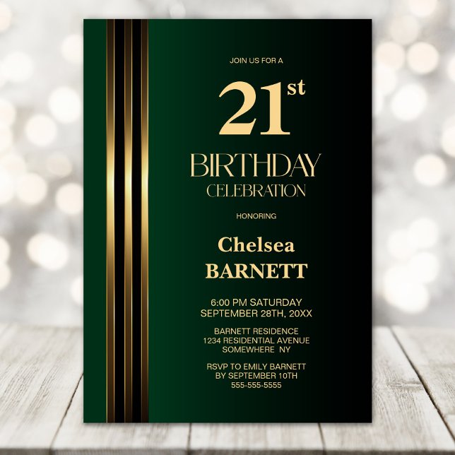 Gold Striped Black Green 21st Birthday Party Invitation (Creator Uploaded)