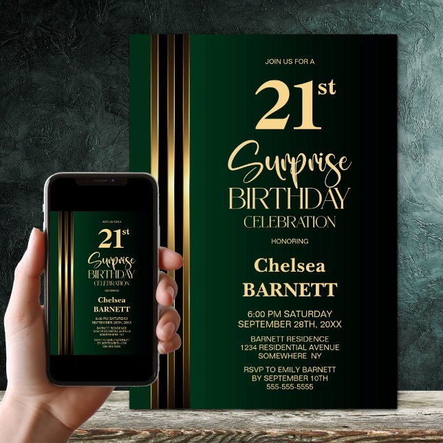 Gold Striped Black Green 21st Surprise Birthday Invitation (Creator Uploaded)