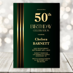 Gold Striped Black Green 50th Birthday Party Invitation