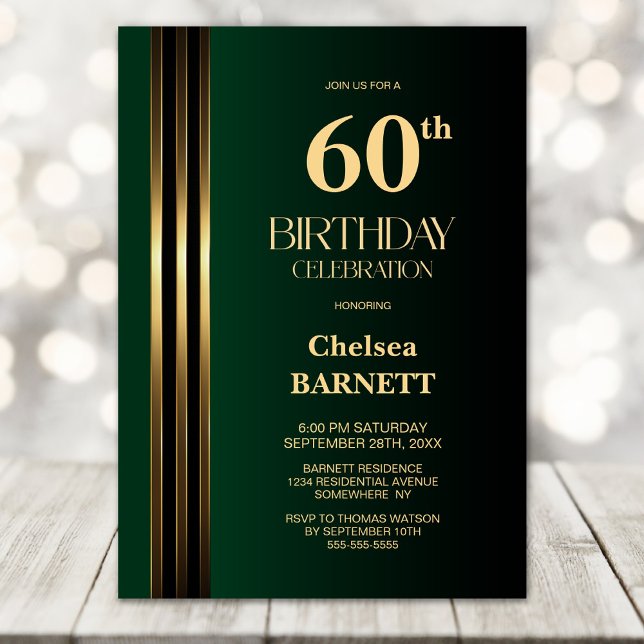 Gold Striped Black Green 60th Birthday Party Invitation (Creator Uploaded)