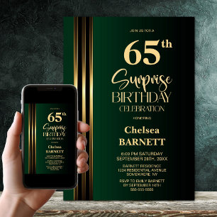 Gold Striped Black Green 65th Surprise Birthday Invitation