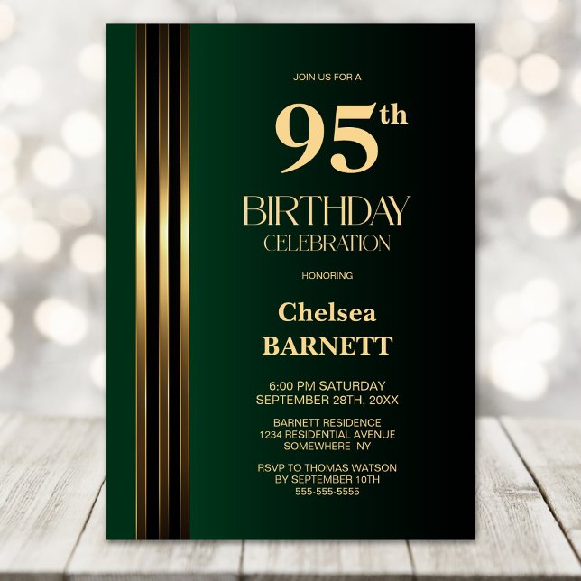 Gold Striped Black Green 95th Birthday Party Invitation (Creator Uploaded)