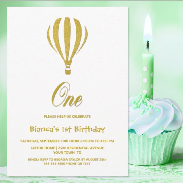 Gold Striped Hot Air Balloon 1st Birthday Party Invitation (Creator Uploaded)
