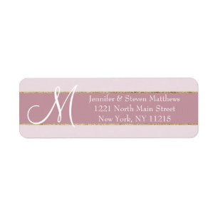 Gold Striped Rose Pink Monogram Initials Name Return Address Label