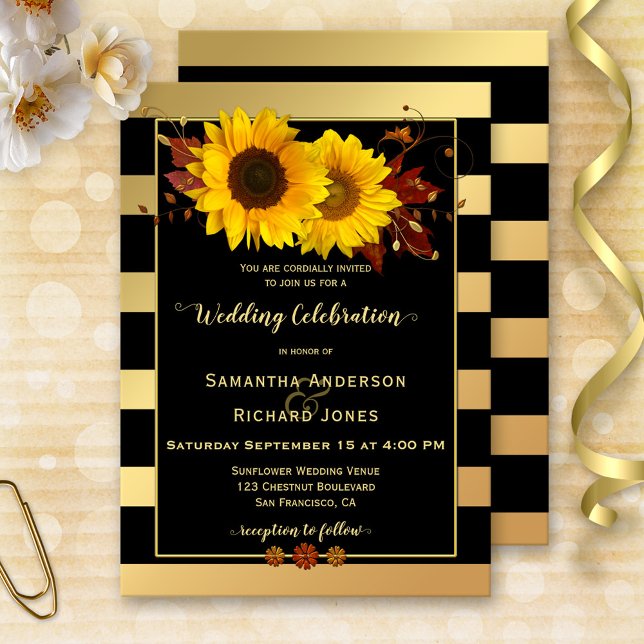 Gold Striped Sunflower Wedding Invitation (Wedding invitation featuring sunflowers, autumn leaves and rose gold floral swirls on gold stripes)