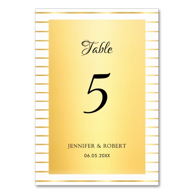Gold Striped Template Elegant Script Calligraphed Table Number (Front)