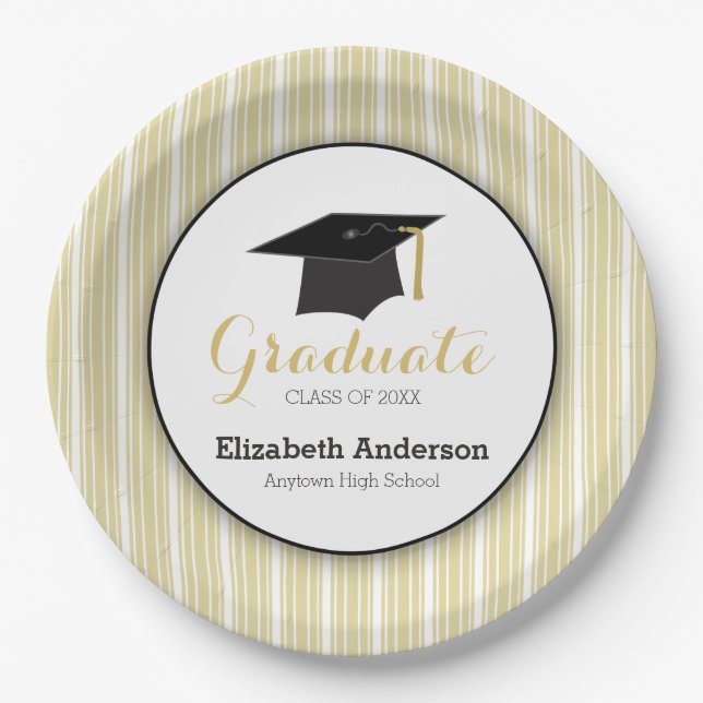 Gold Stripes and Hat Personalised Graduation Paper Plate (Front)