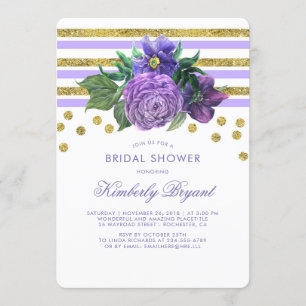 Gold Stripes and Purple Flowers Chic Bridal Shower Invitation