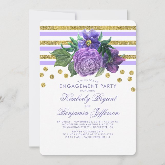 Gold Stripes and Purple Flowers Engagement Party Invitation (Front)
