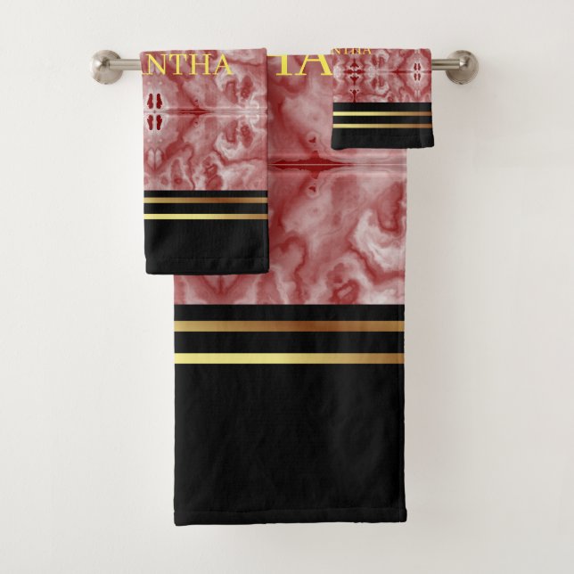 Gold Stripes Black And Burgundy Marble Geometric Bath Towel Set (Insitu)