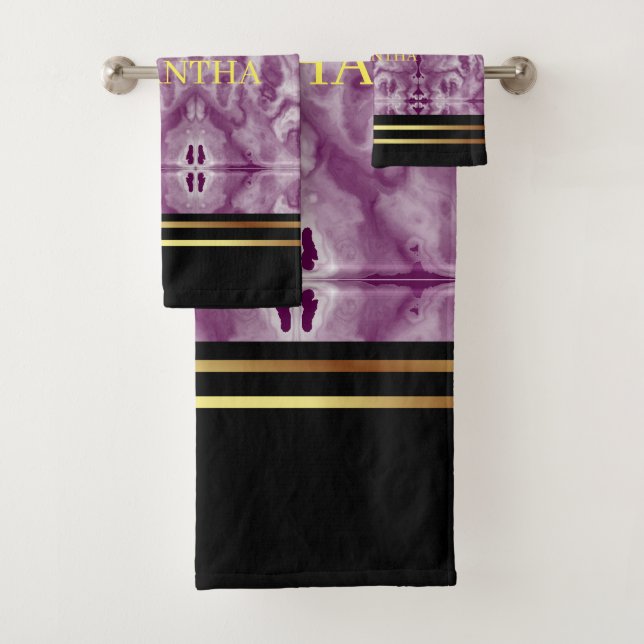 Gold Stripes Black And Purple Marble Geometric Bath Towel Set (Insitu)