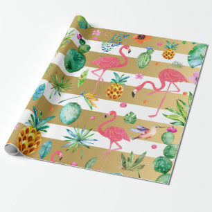 Gold Stripes & Colourful Tropical Pattern Wrapping Paper