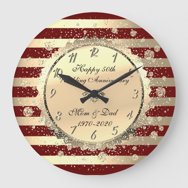 Gold Stripes,Confetti 50th Wedding Anniversary Large Clock (Front)